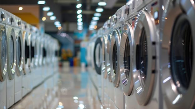 Row of washing machines in a laundromat or the production of large household appliances in a factory. AI