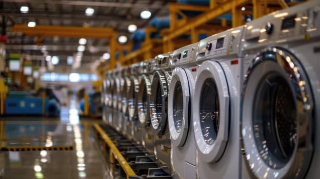 Row of washing machines in a laundromat or the production of large household appliances in a factory. AI