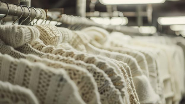 A row of woolen white sweaters are neatly hanging on a wooden rack AI