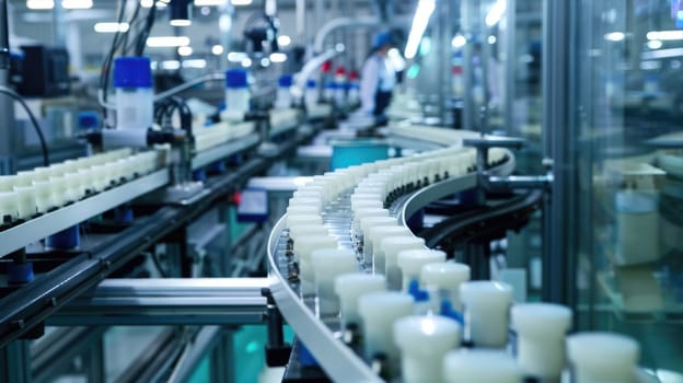 Conveyor belt in a factory filled with bottles showcases mass production of medications