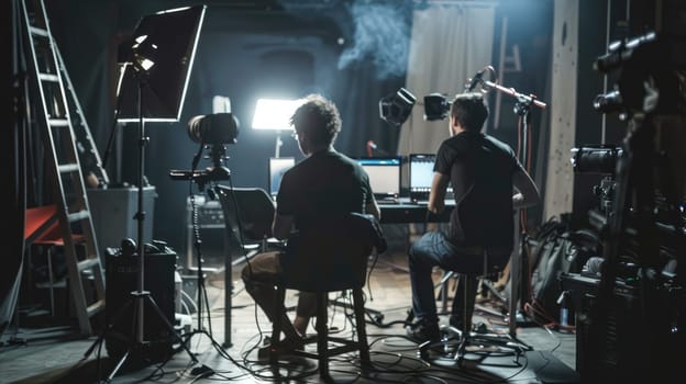 Playback during filming of a movie, commercial or TV series. Film crew, equipment AI