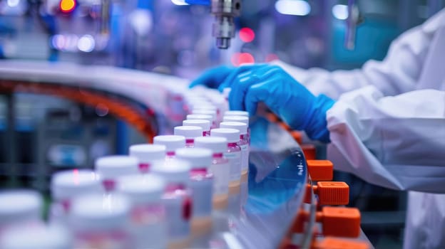 Conveyor belt in a factory filled with bottles showcases mass production of medications