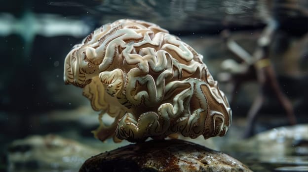 The organism resembling a brain found in coral reefs underwater is a large coral, a vital component of marine biology AI