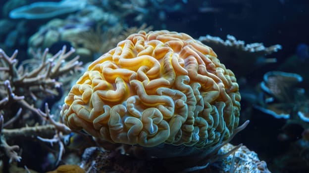 The organism resembling a brain found in coral reefs underwater is a large coral, a vital component of marine biology AI