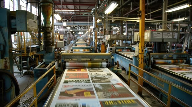 Large format printing machine in operation. Production and printing of large format banners. Printing on a production scale. AI