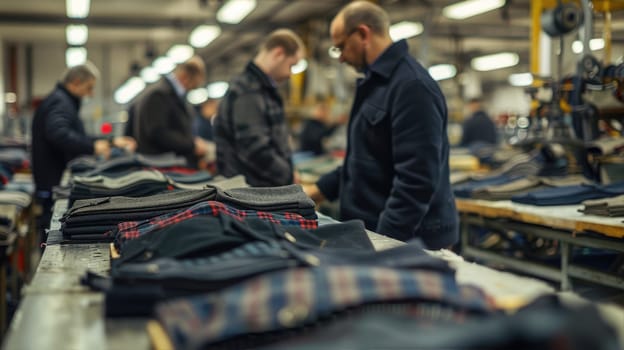 A group of men are busy crafting outerwear in a textile factory. They specialize in tartan, plaid, denim AI