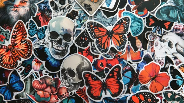 A collection of stickers with butterflies and skulls. AI