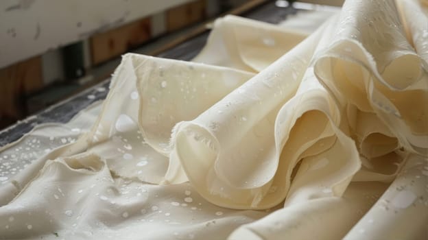 A white piece of cloth with water drops, resembling a blank canvas. Preparation of fabric before use in the factory. AI