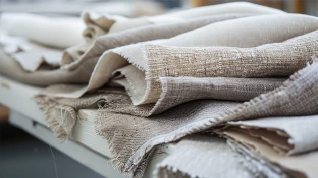 Assorted textiles in grey and brown stacked on wood table AI