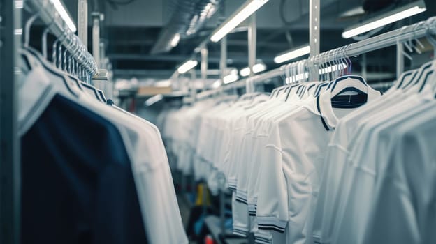 A warehouse filled with lots of clothes including white shirts AI
