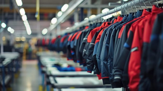 A variety of jackets and uniforms hang in a row on hangers. Protective suit for workers AI