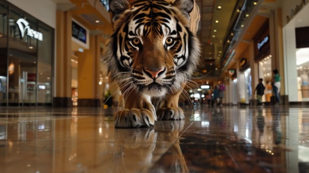 Bengal tiger with whiskers roaming mall AI