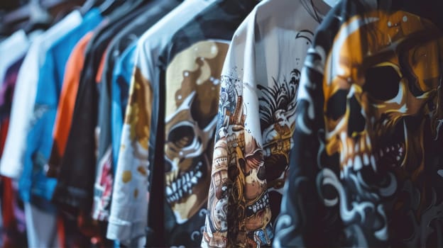 A range of fashionable skull print t-shirts from textiles and sportswear hang on clothes hangers in the closet AI