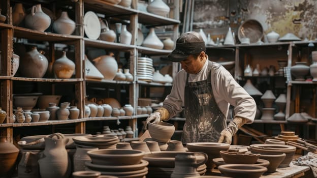 A man is shaping a pot on a wheel in a pottery shop. He uses clay to create earthenware serveware for the retail market AI