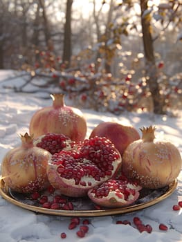 A tray of fresh pomegranates displayed in the snowy setting, representing a combination of natural foods and seasonal ingredients for a festive dish