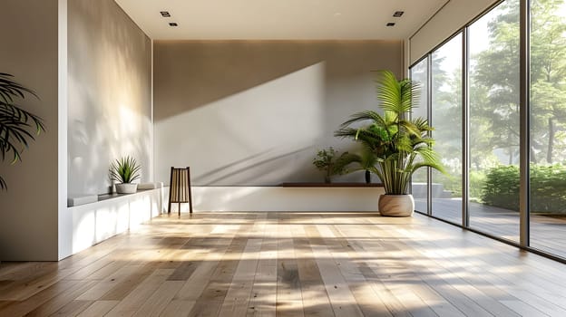 A cozy living room in a house with hardwood flooring and large windows, featuring a variety of houseplants to add greenery and warmth to the space