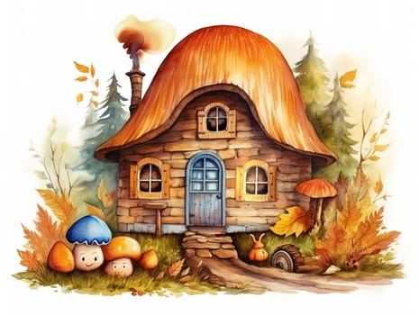 fairy house in the shape of a mushroom with a brown roof similar to the cap of a porcini mushroom, housing for fairies in the forest with a door and windows, a mysterious forest dweller,Generated AI