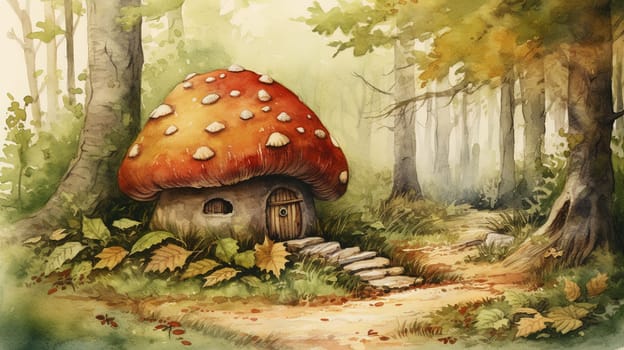 fairy house in the shape of a mushroom with a red roof similar to a fly agaric mushroom cap, for fairies in the forest, with a door and windows, a mysterious forest dweller,Generated AI