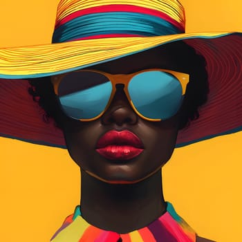 A stylish woman sporting sunglasses and a hat poses against a vibrant yellow background, showcasing eye glass accessories for chic sun protection