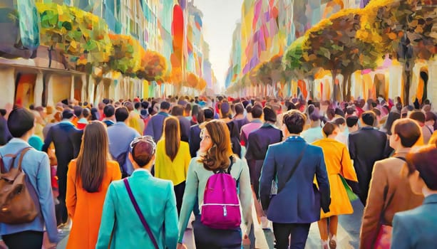 Urban scene with commuters pedestrians walking low poly colorful painting style, AI generated AI generated