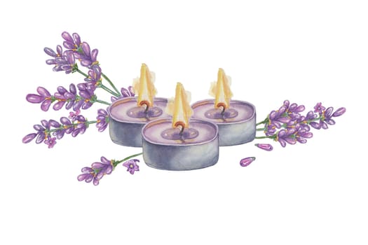 Burning purple tealight. Lavender flowers and perfumed candle for home fragrance. Home spa aromatherapy watercolor illustration. Clipart for beauty, cosmetics, labels design, wellness, packaging