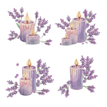 Lavender flowers and melting wax candles for home fragrance. Home spa aromatherapy set of watercolor illustrations. Clipart for beauty, cosmetics, labels, organic products, wellness and packaging