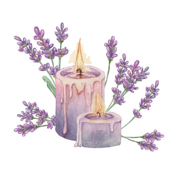 Lavender and melting wax candle for home fragrance. Home spa aromatherapy relaxing watercolor illustration. Hand drawn clipart for beauty, cosmetics, labels, organic products, wellness and packaging