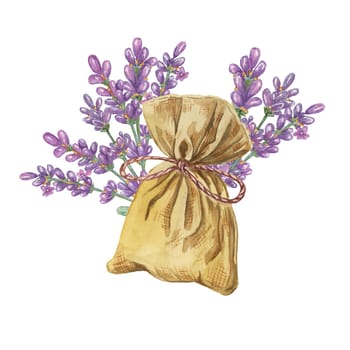 Home fragrance sachet with lavender. Watercolor illustration of aromatherapy burlap bag with herbs and purple ribbon. Relaxing canvas sack clipart for beauty, spa, cosmetics, labels, organic products