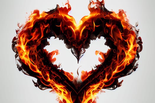 heart shape with red fire and flames ai generated isolated in white