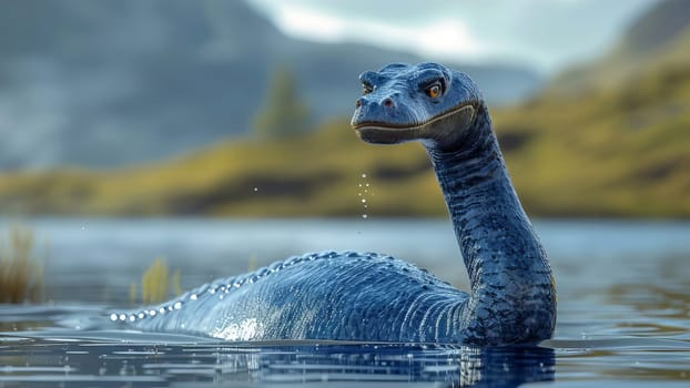 Close-up of a cartoon cute mystical Loch Ness monster swimming on a lake, sticking its long neck out of the water, against the backdrop of a Scottish landscape. AI generated.