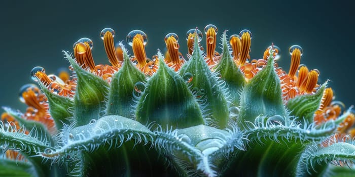 A detailed view of a plant with vibrant orange flowers blooming.