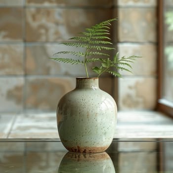 A green plant is placed in a vase on a wooden table in an interior setting.