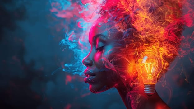 A woman standing with a light bulb on her head, creating an abstract and thought-provoking image.