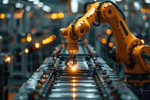 Automated robotic arms moving on a conveyor belt in a manufacturing facility.