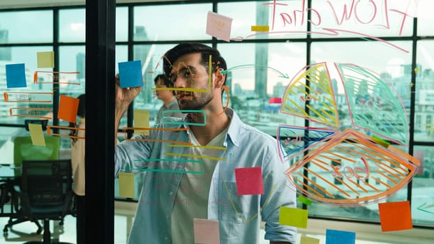 Professional businessman uses sticky notes at glass wall with graph to brainstorming idea while multicultural businesspeople discussing about marketing ideas at office with city view. Tracery