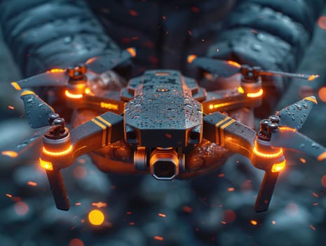 Close up of an individual operating a black and orange drone with a remote control.