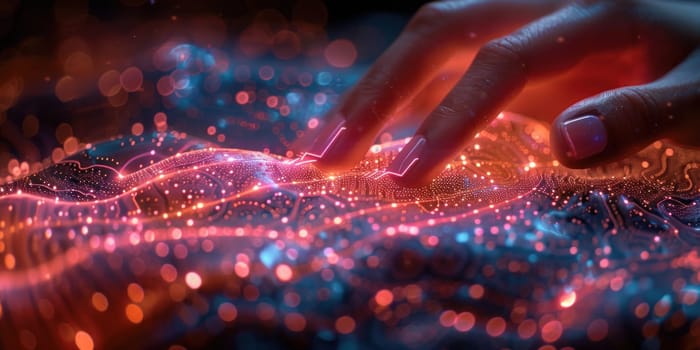 A hand reaches out to touch keys on a modern computer keyboard, with a bright screen in the background.