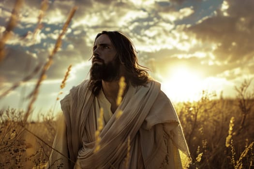 Jesus Christ walking through a field of tall grass.