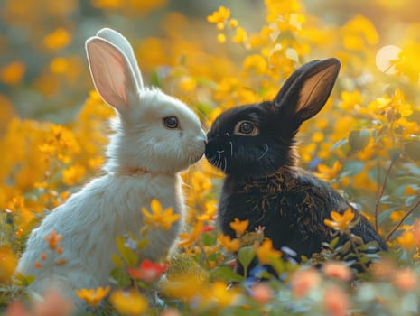 Two rabbits are sitting amidst colorful flowers in a field.
