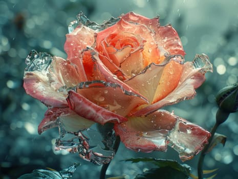 A red rose covered in glistening water droplets.