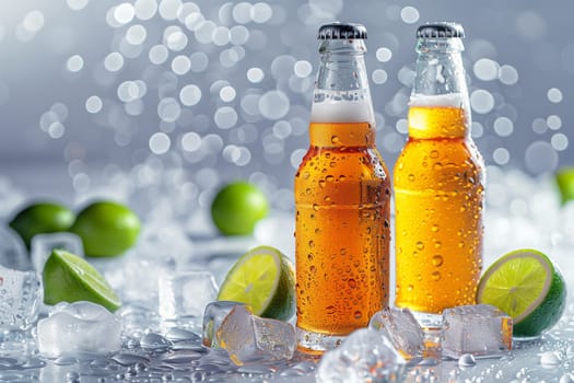 Two glass bottles filled with soda, garnished with lime slices, and surrounded by ice cubes.