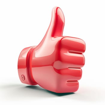 A bright red plastic thumbs up sign is displayed against a plain white background.