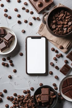 A modern cell phone rests atop a mound of chocolate chips, creating an interesting contrast between technology and food.