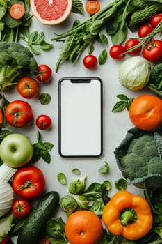 A cell phone placed amidst a variety of fresh vegetables and fruits, showcasing technology in harmony with natures bounty.