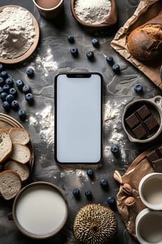 A cell phone is placed on a table filled with various food items.