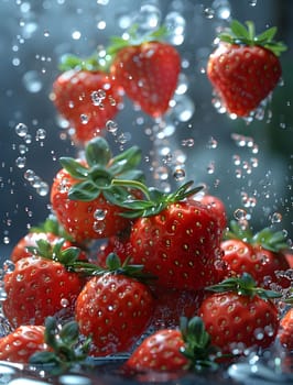 A bunch of strawberries, a seedless fruit, are tumbling into the liquid water. These natural foods are a staple food and belong to the berry family