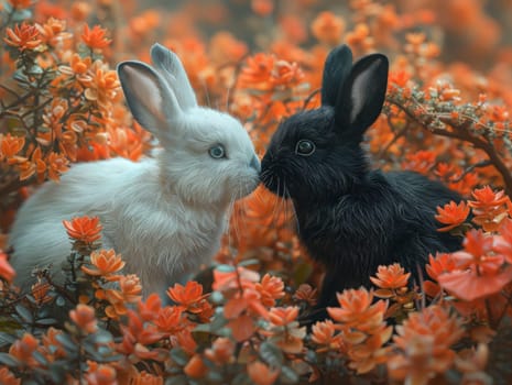 Two rabbits, one black and one white, are grazing in a field of vibrant orange flowers.