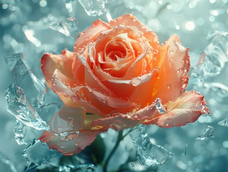 An orange rose covered in water droplets.