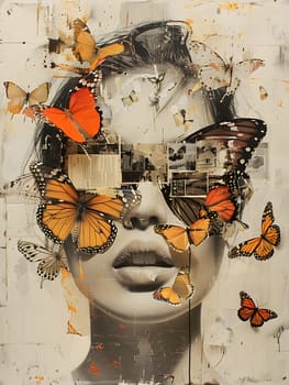 A stunning painting capturing a womans face adorned with colorful butterflies, showcasing the beauty of pollinators and insects. Art at its finest