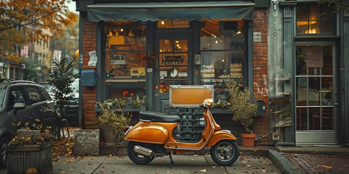 An orange scooter parked in front of a store with a delivery box attached, ready for use.